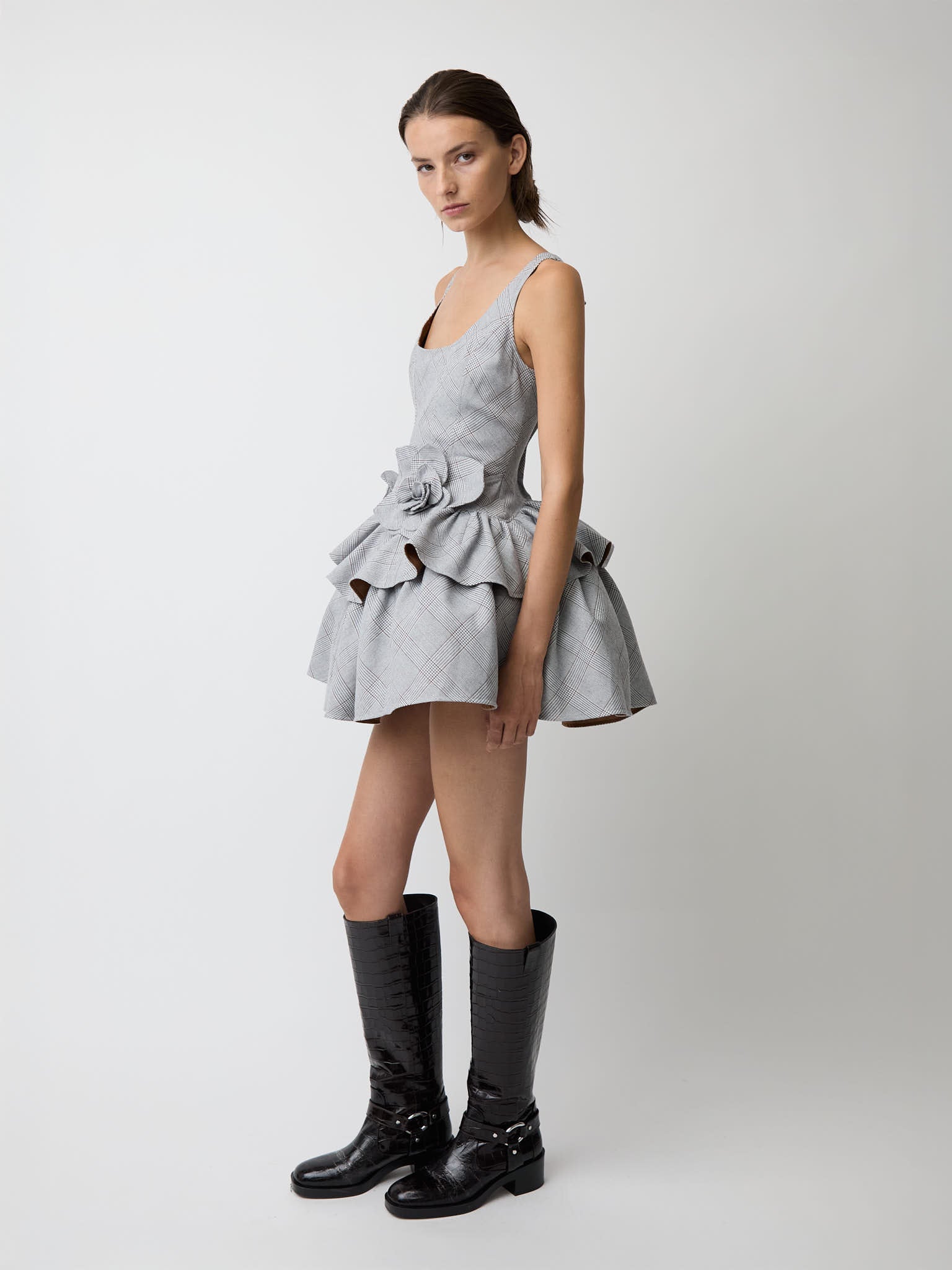 plaid dress grey Vintage Fall Plaid Dress & Satin Blouse Gray