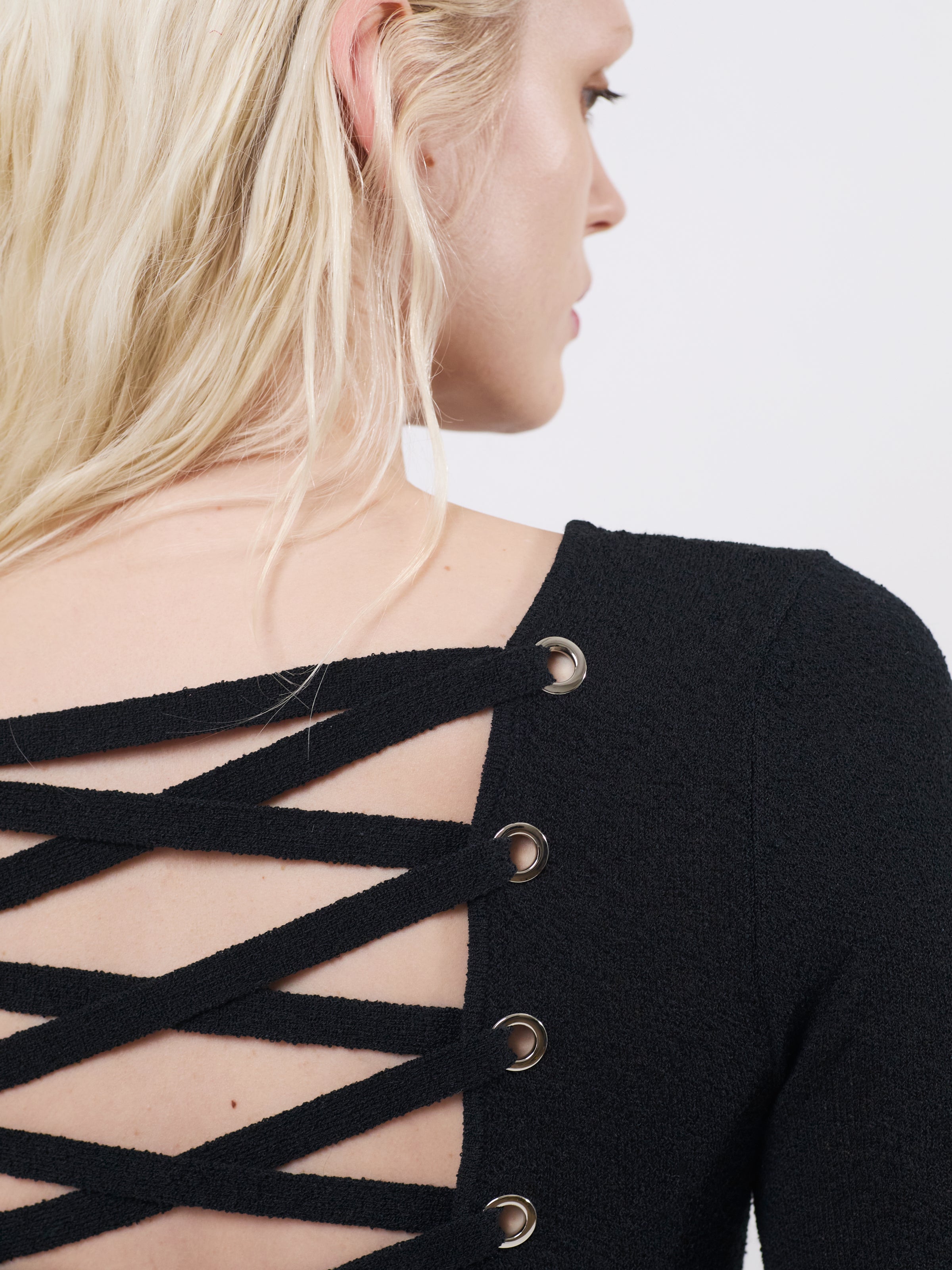 The Lily lace-up knit top in black