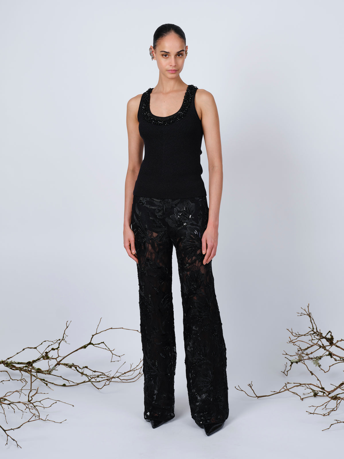 The wide leg beaded pants in black