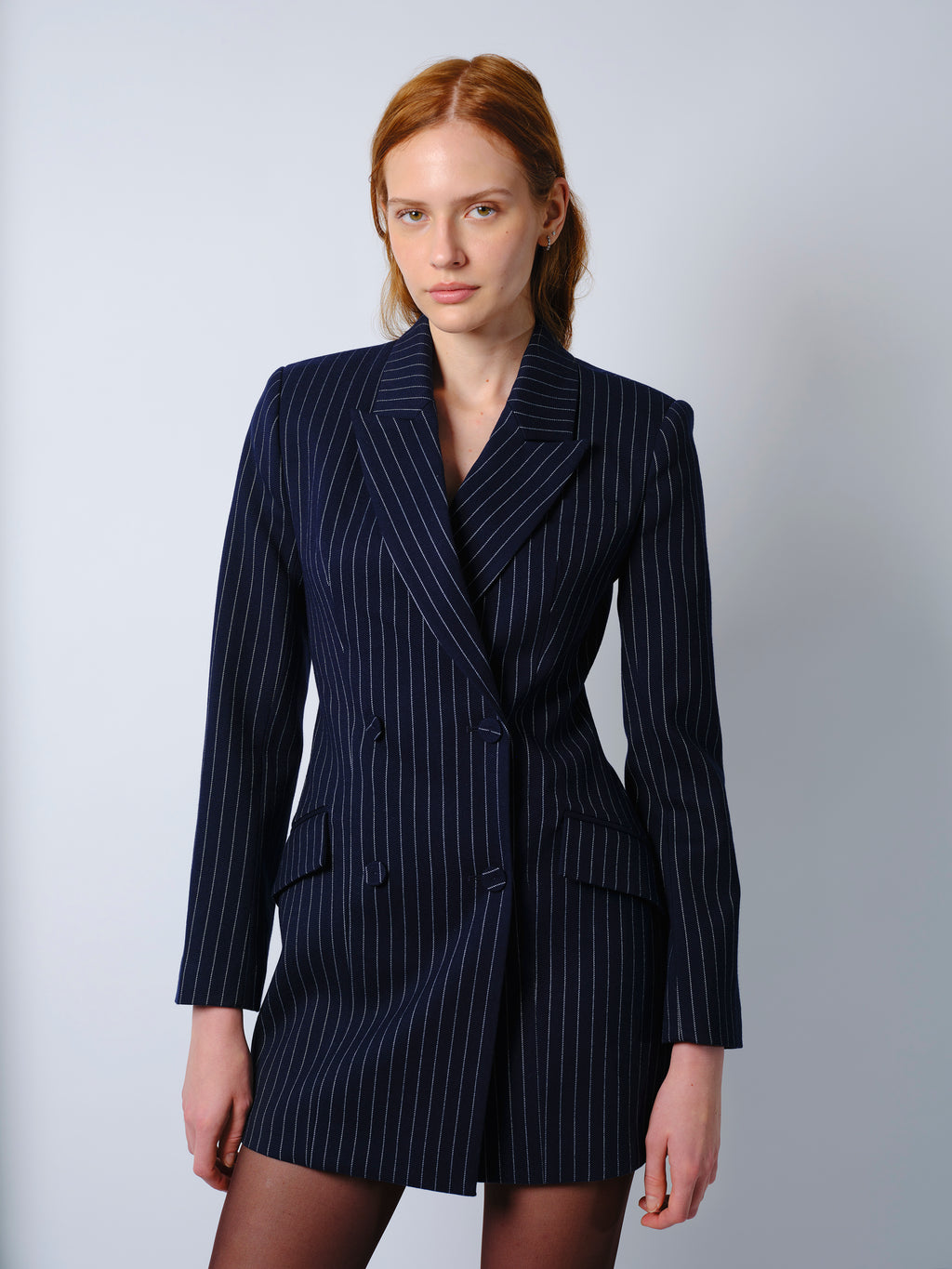 The Zoe blazer dress in navy pinstripe