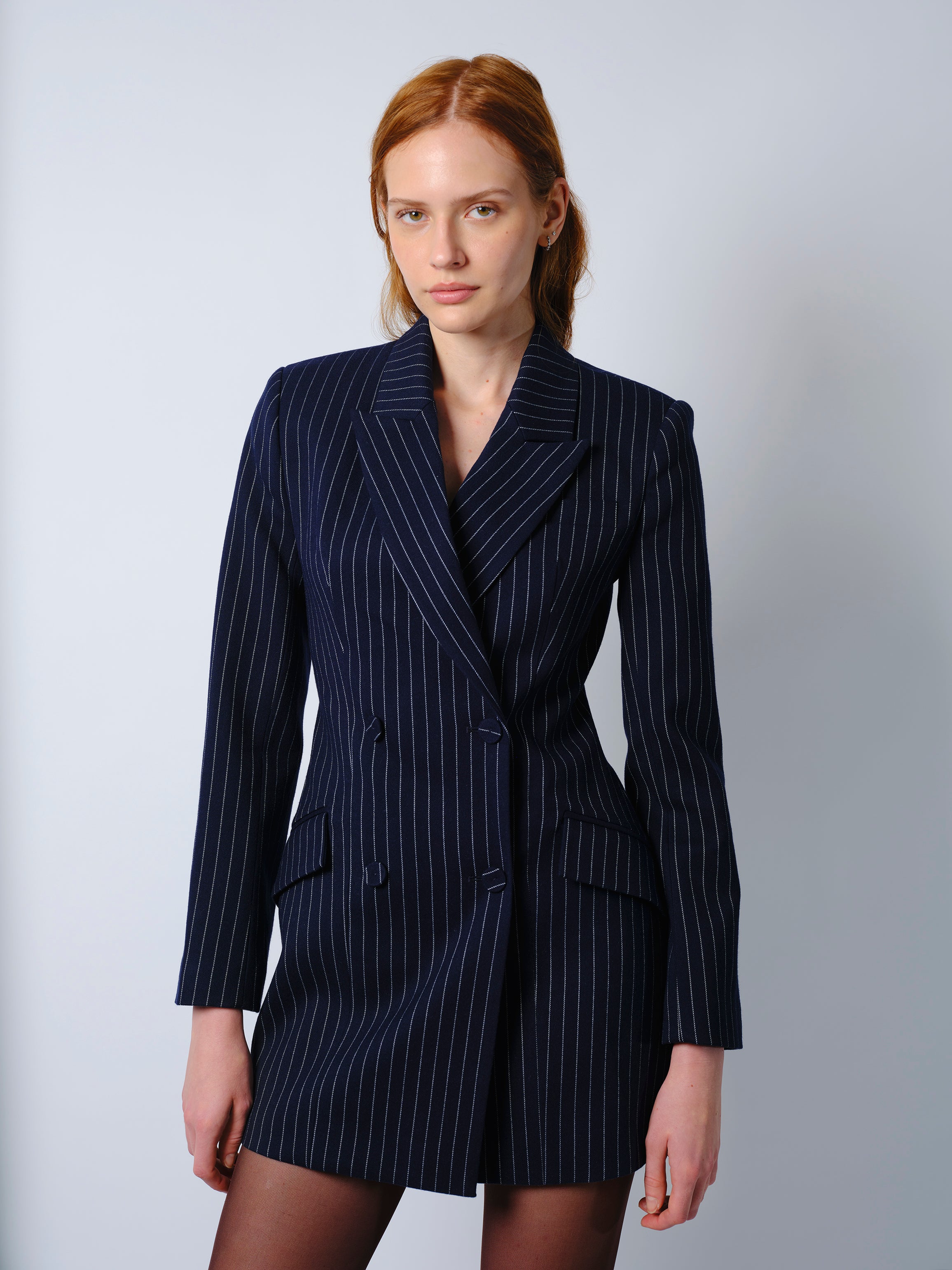 The Zoe blazer dress in navy pinstripe
