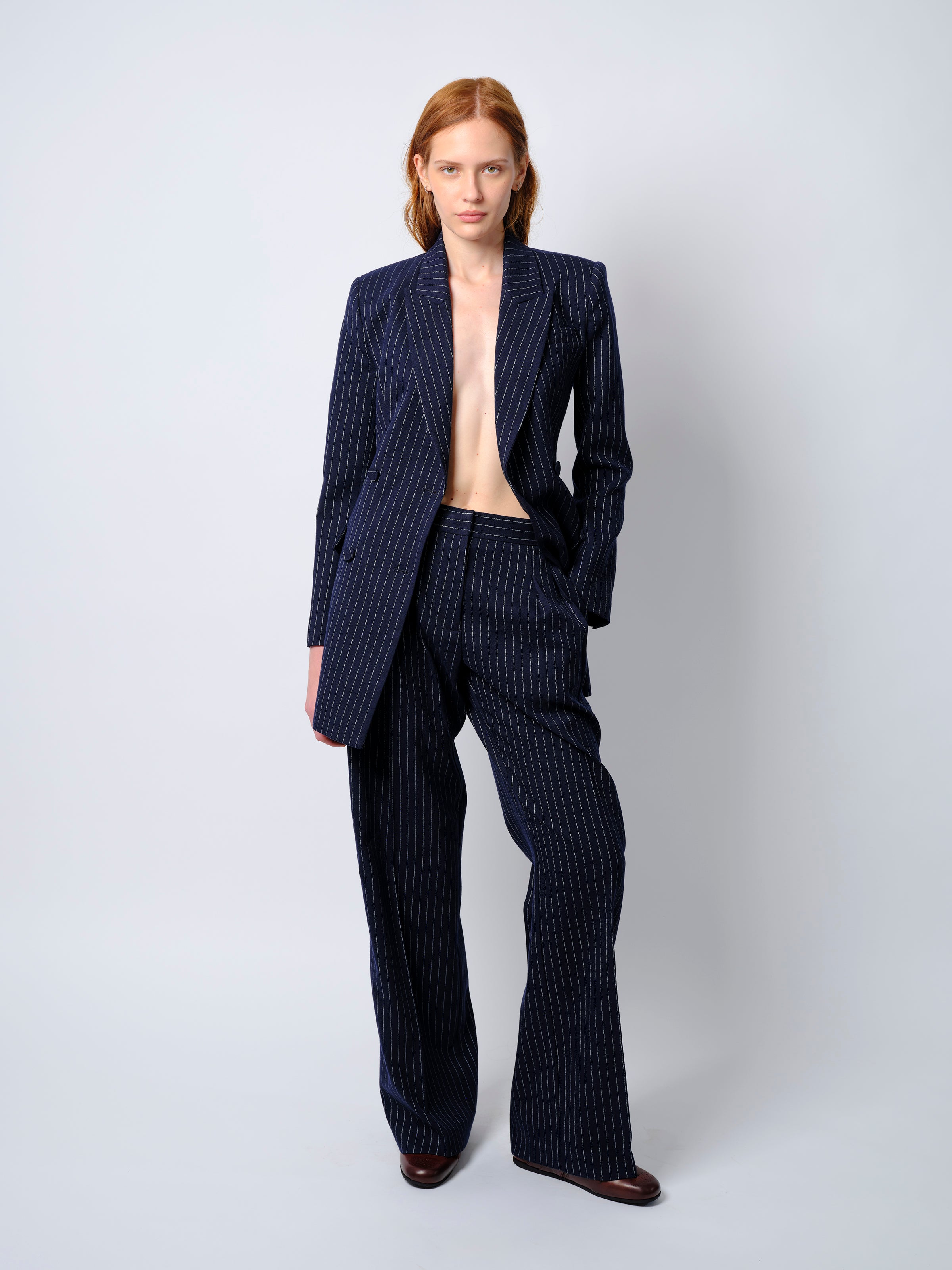 The Zoe blazer dress in navy pinstripe