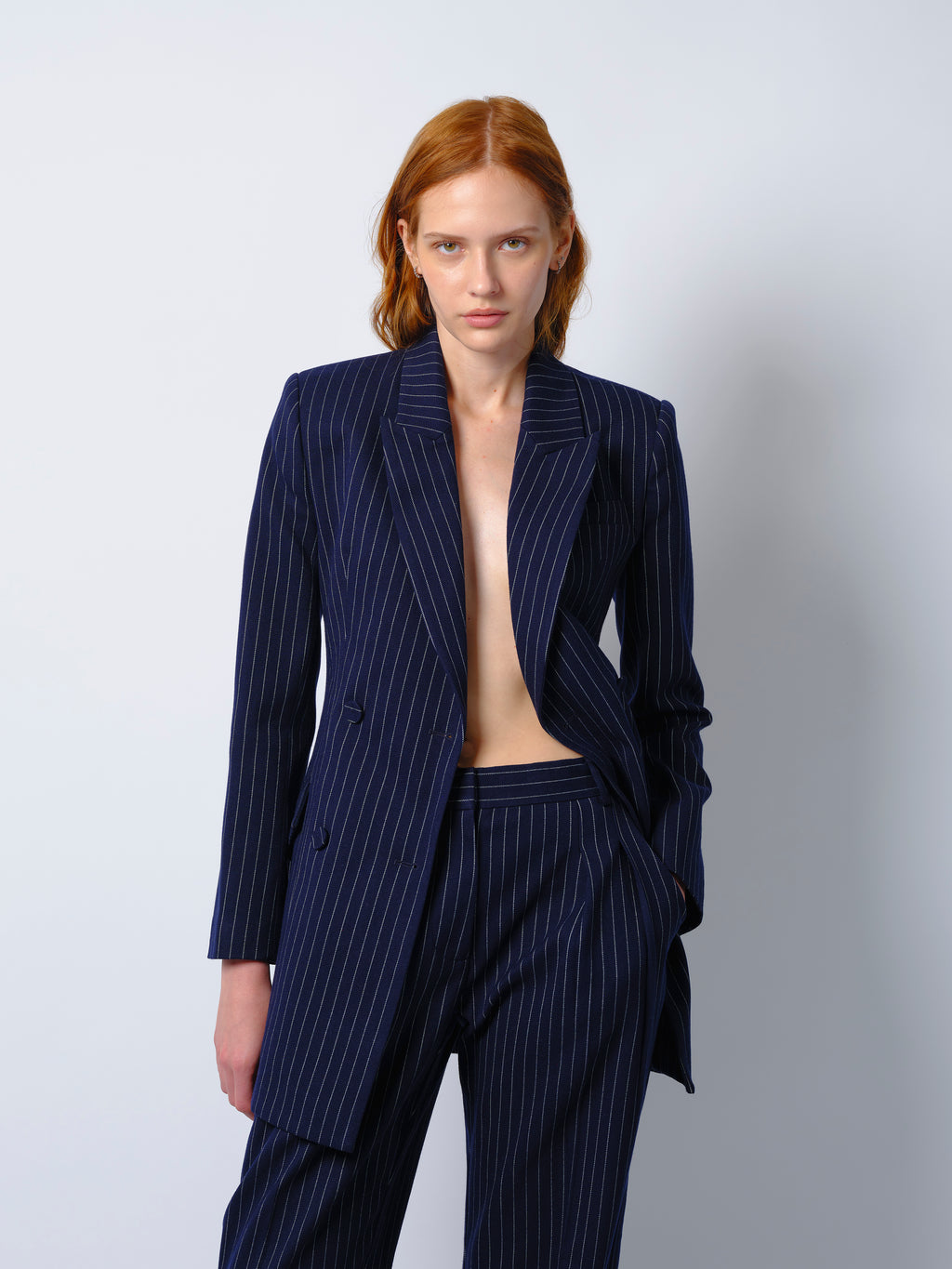 The Zoe blazer dress in navy pinstripe