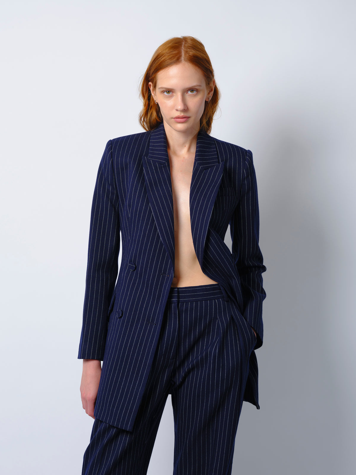 The Zoe blazer dress in navy pinstripe
