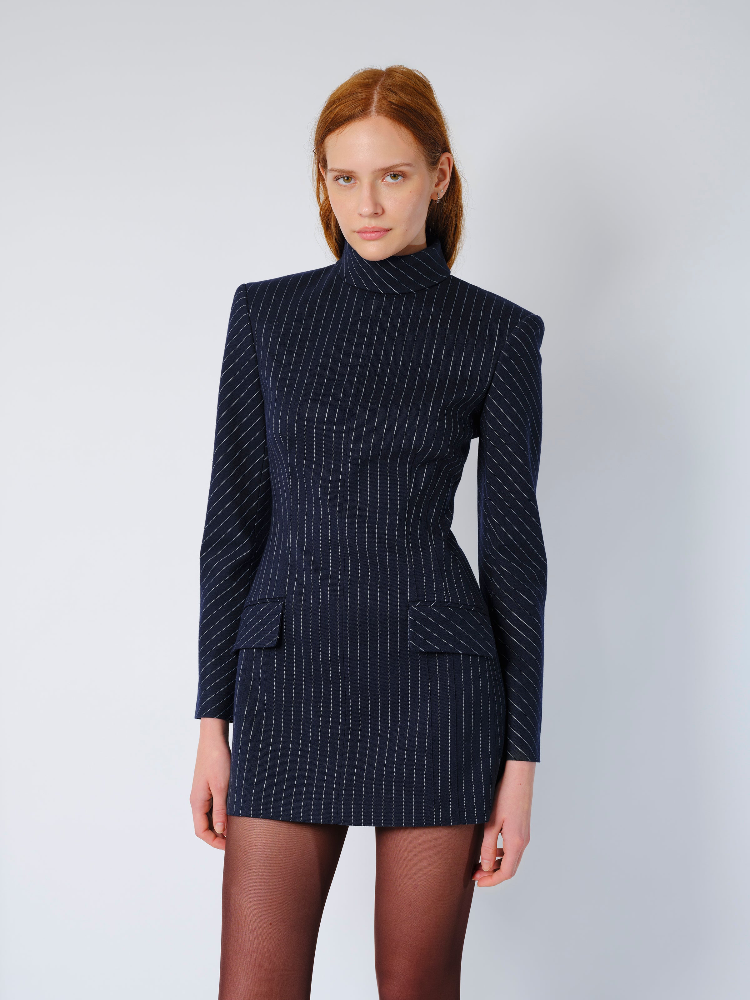 The Toni dress in navy pinstripe