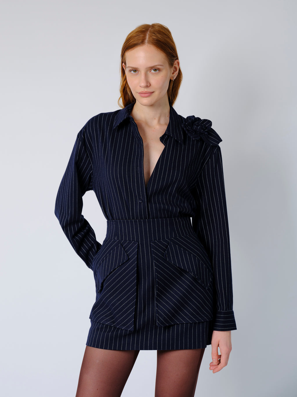 The Flor shirt in navy pinstripe