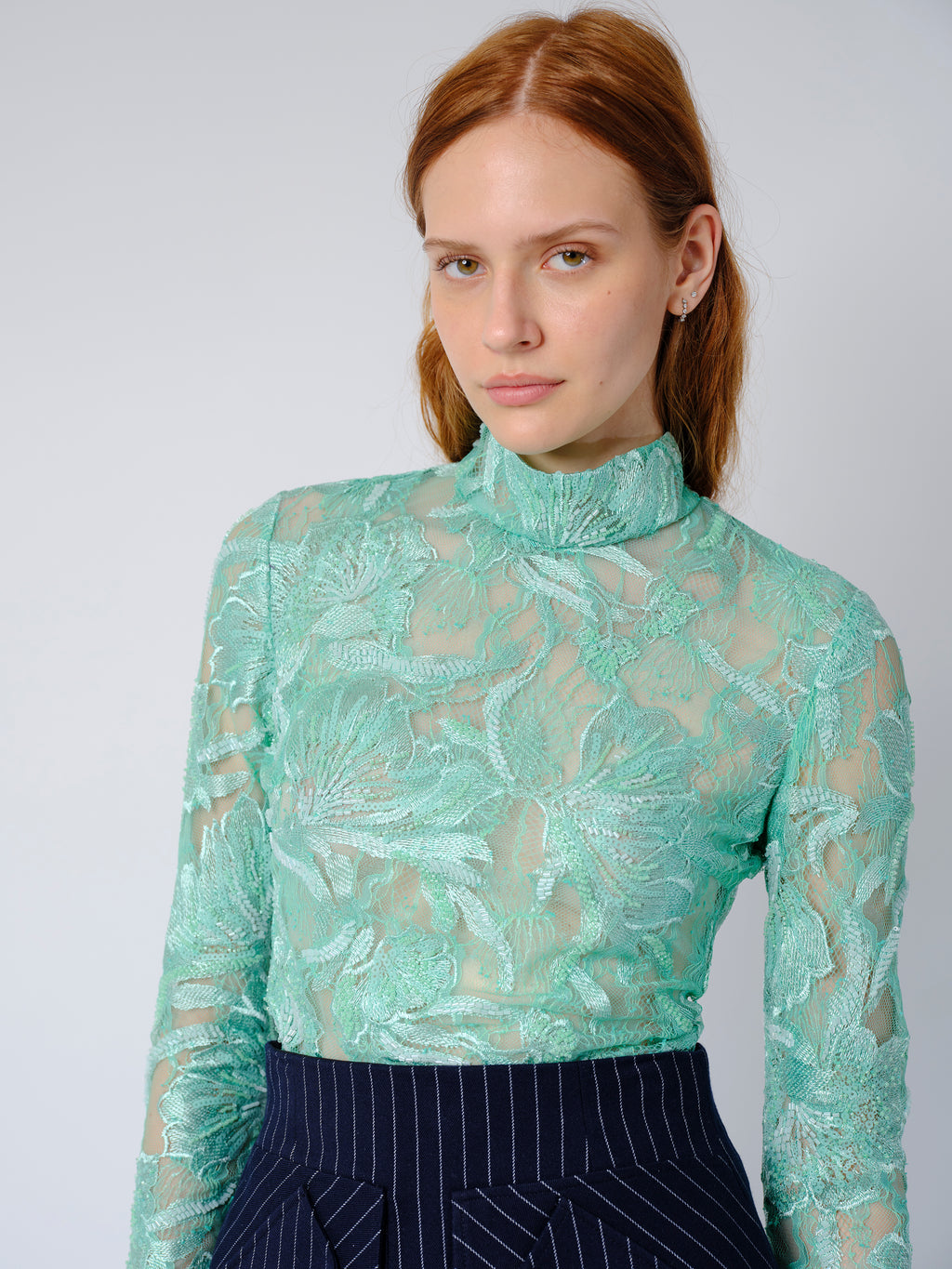 The Freja top in beaded mint lace