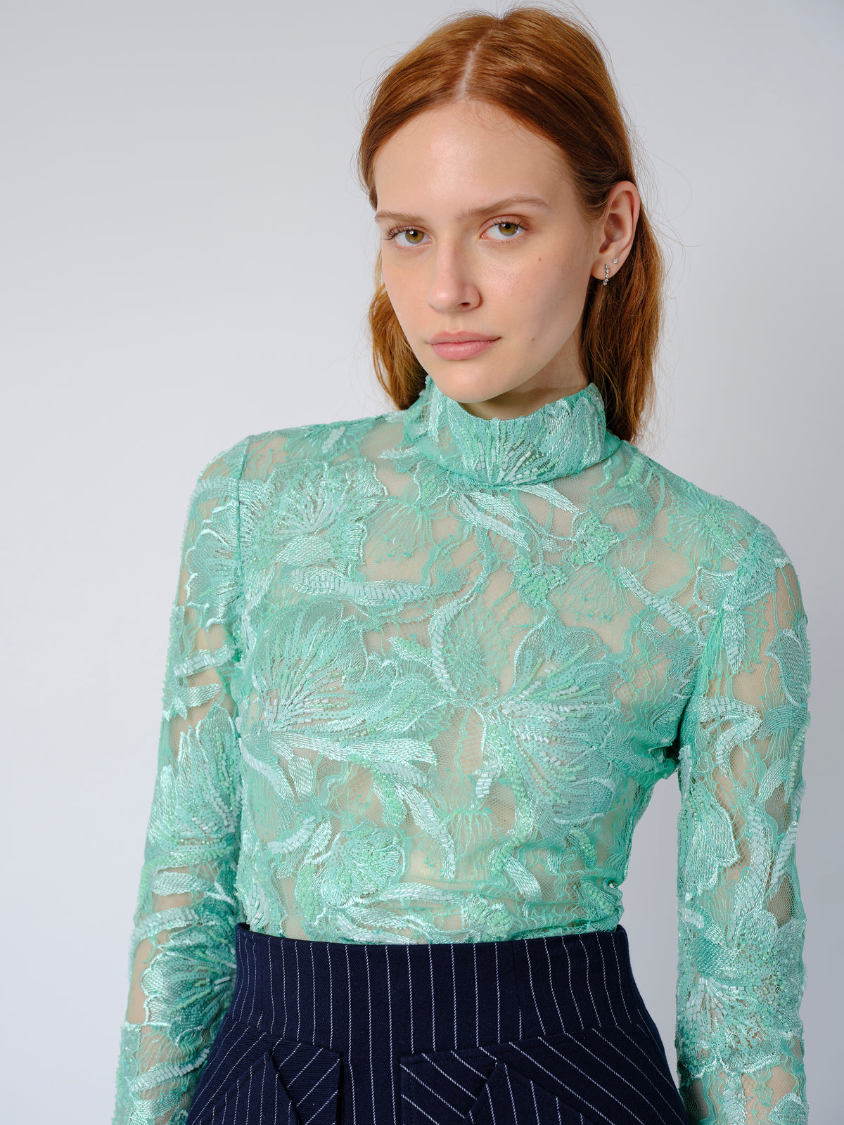 The Freja top in beaded mint lace