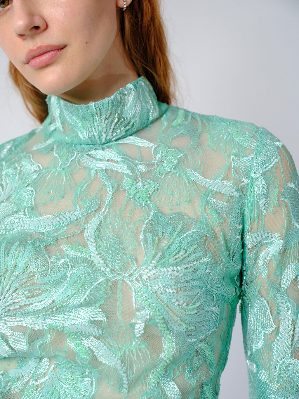 The Freja top in beaded mint lace
