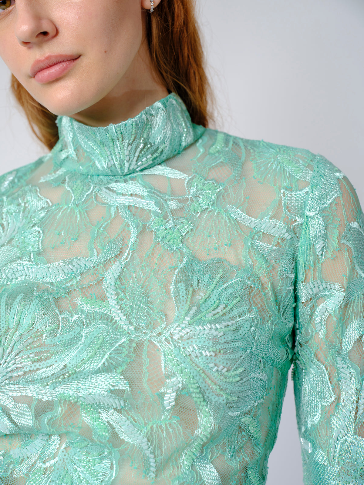 The Freja top in beaded mint lace