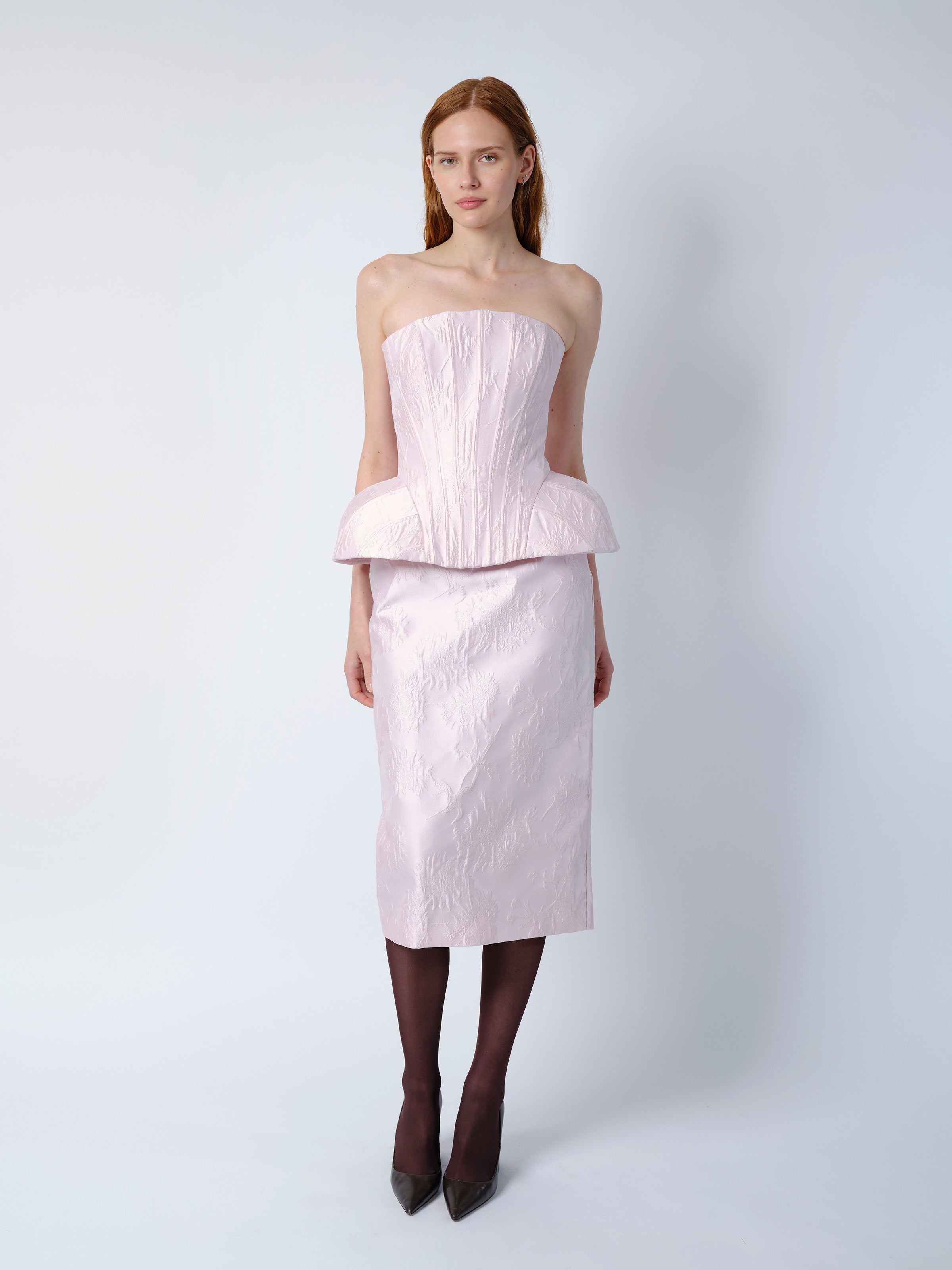 The Clarissa pencil skirt in pale pink brocade