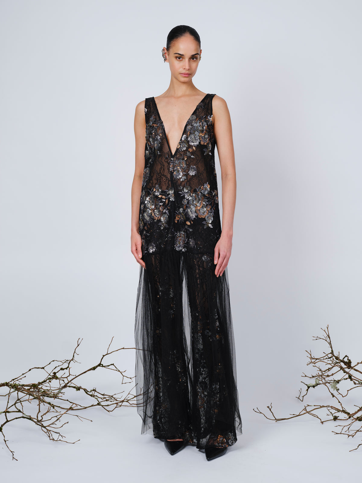 The Anastasia dress in reflective embroidered lace