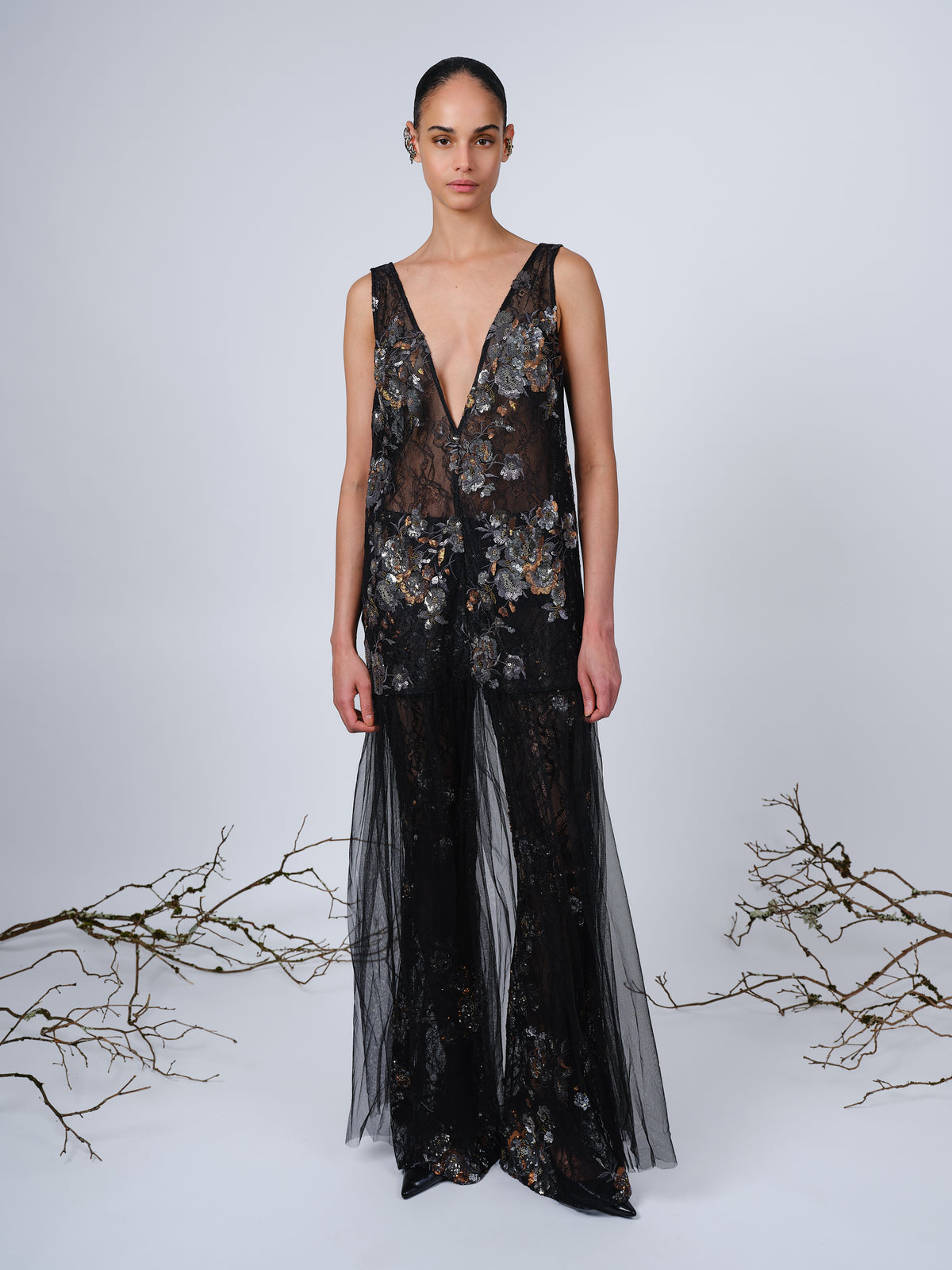 The Anastasia dress in reflective embroidered lace