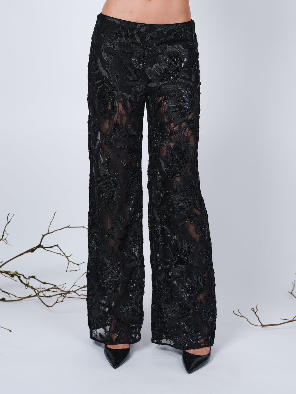 The wide leg beaded pants in black