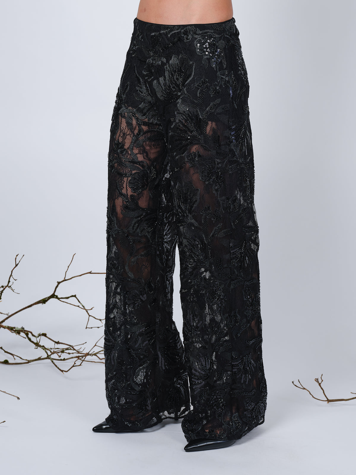The wide leg beaded pants in black