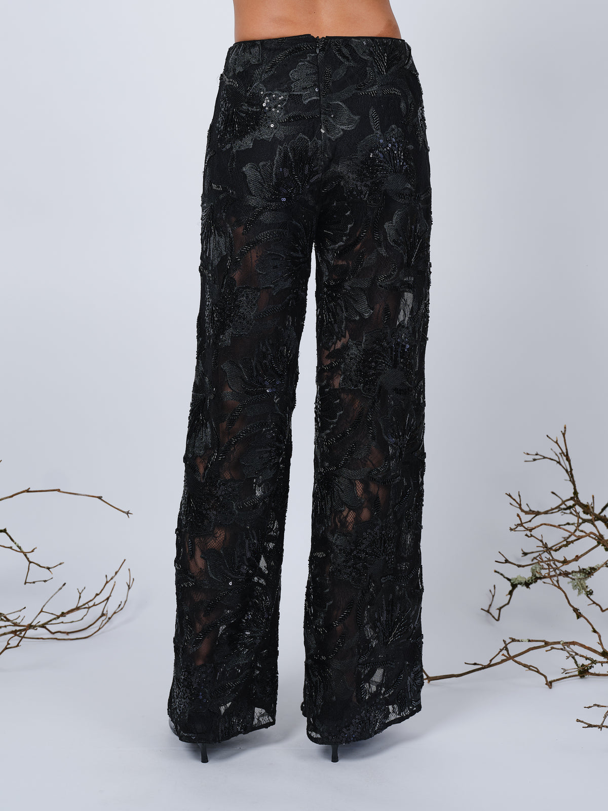 The wide leg beaded pants in black