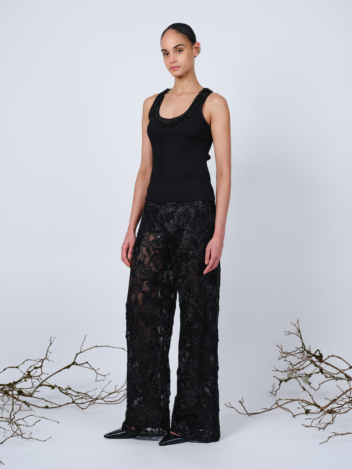 The wide leg beaded pants in black