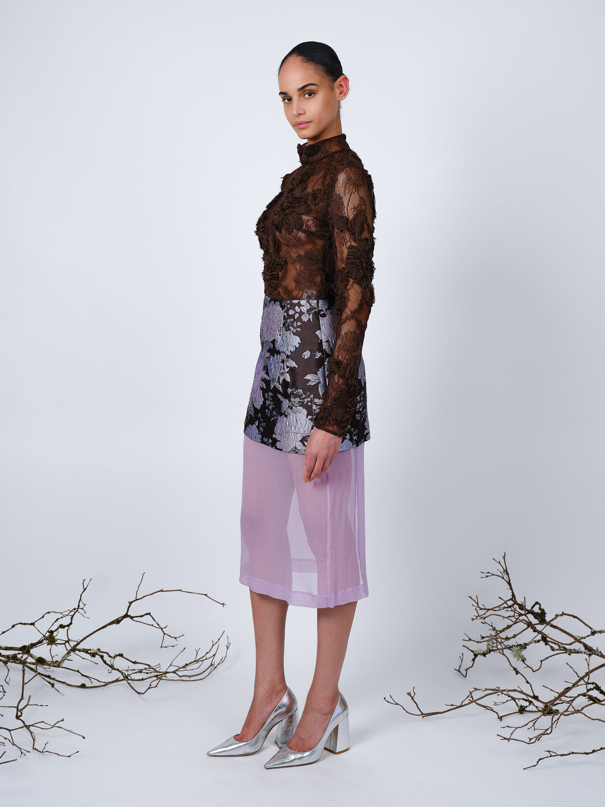 The Brooke skirt in burgundy/pink/silver jacquard