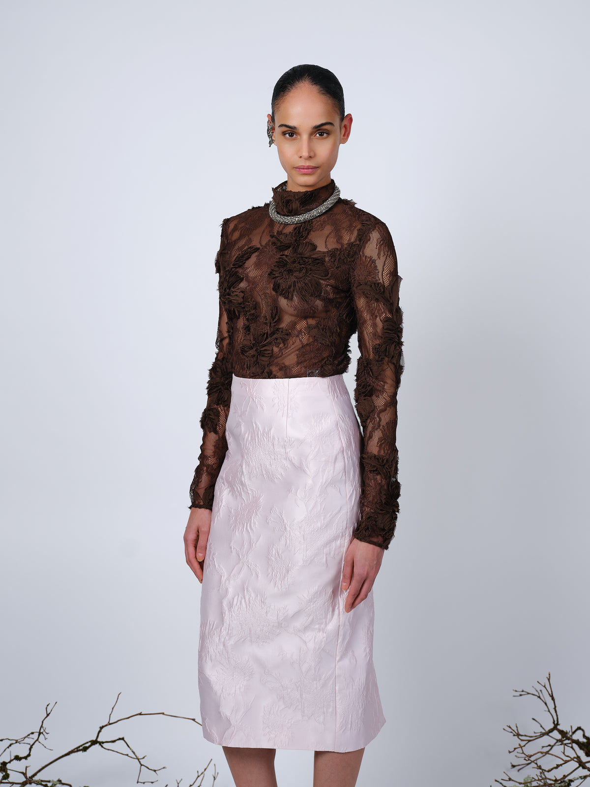 The Clarissa pencil skirt in pale pink brocade