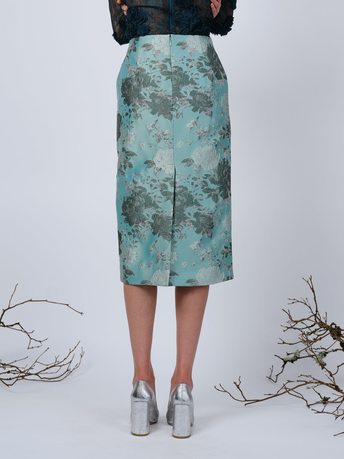 The Clarissa skirt in mint and silver jacquard