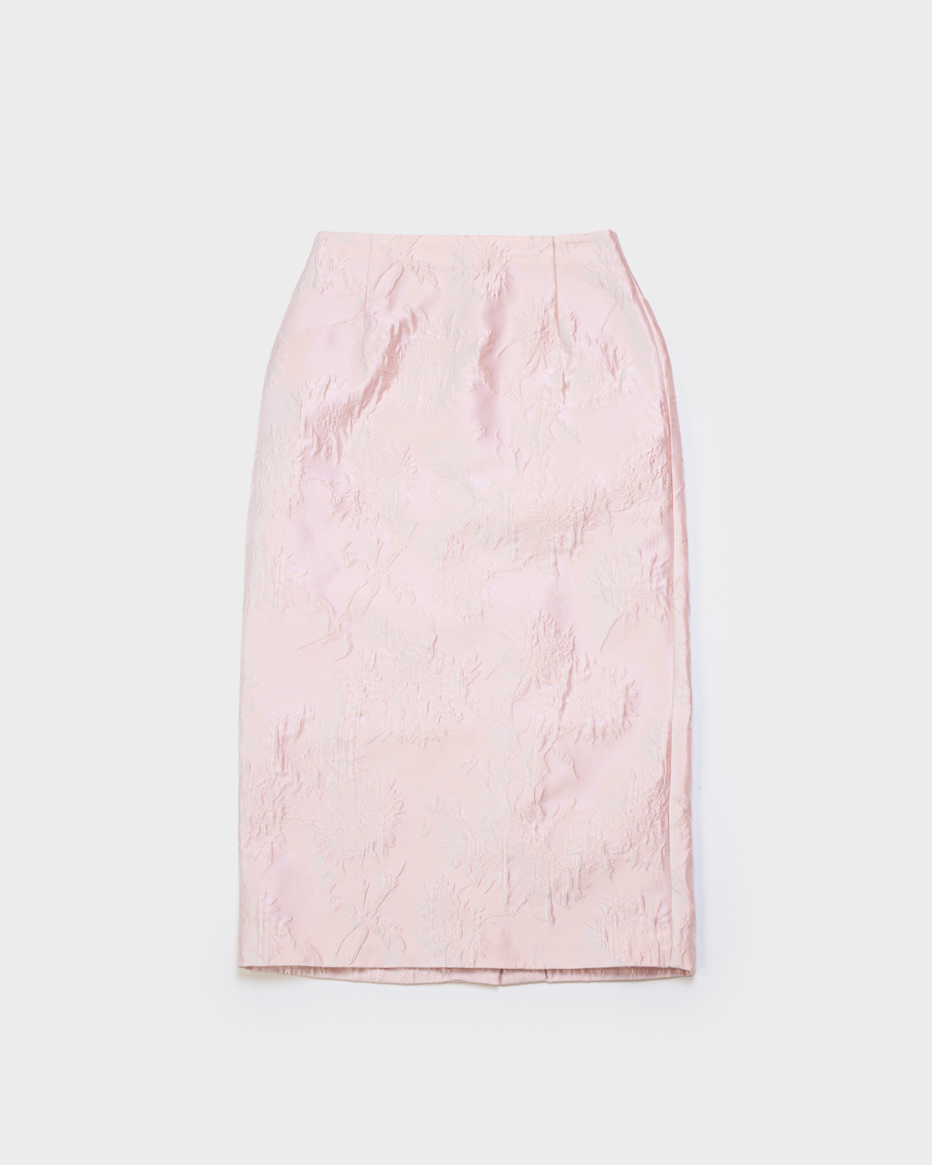The Clarissa pencil skirt in pale pink brocade