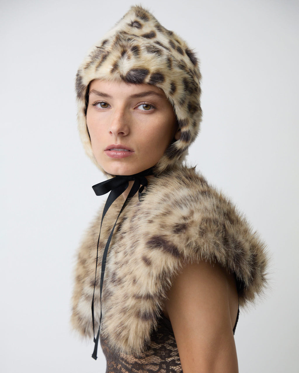 The headdress in faux lynx