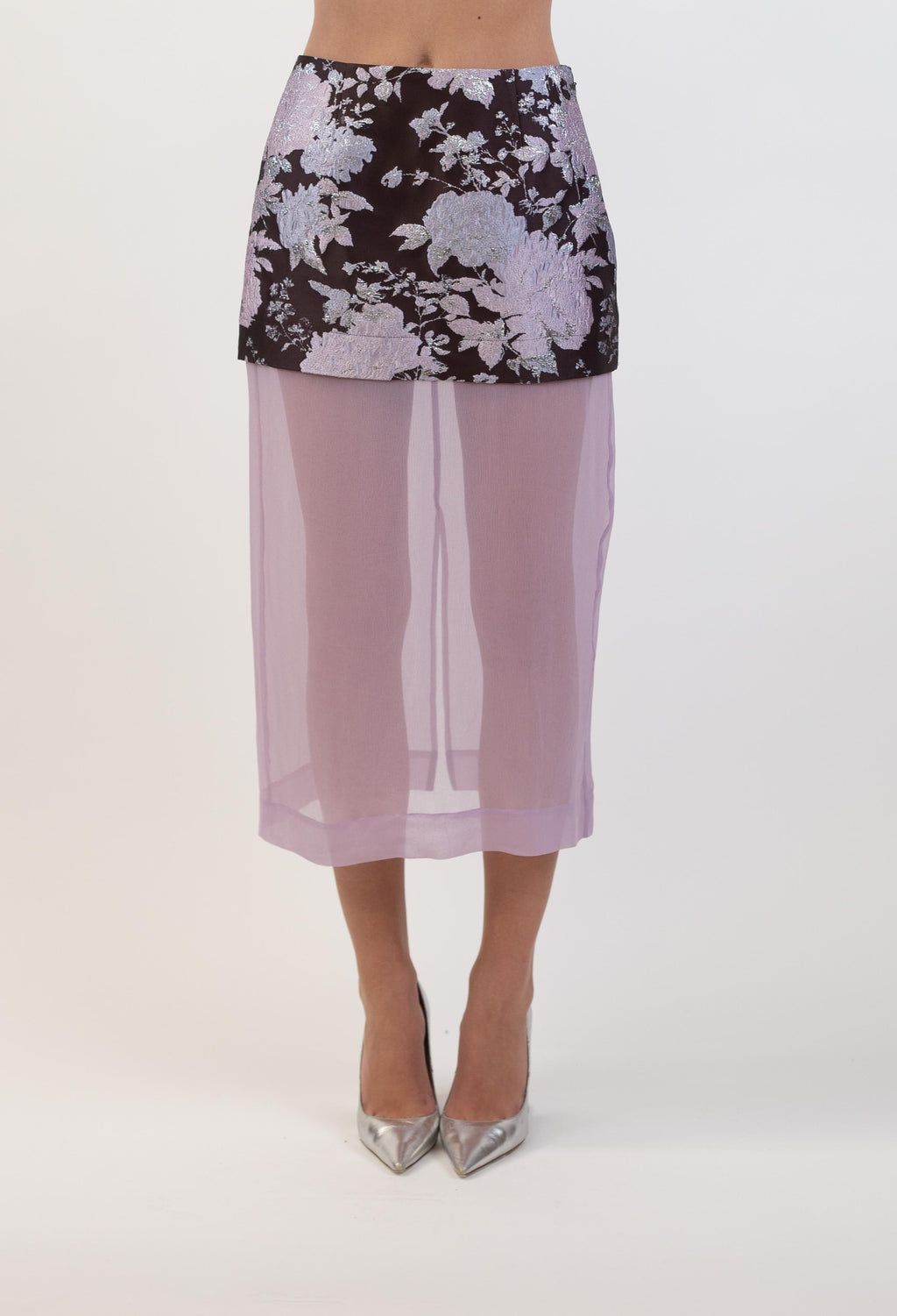 The Brooke skirt in burgundy/pink/silver brocade