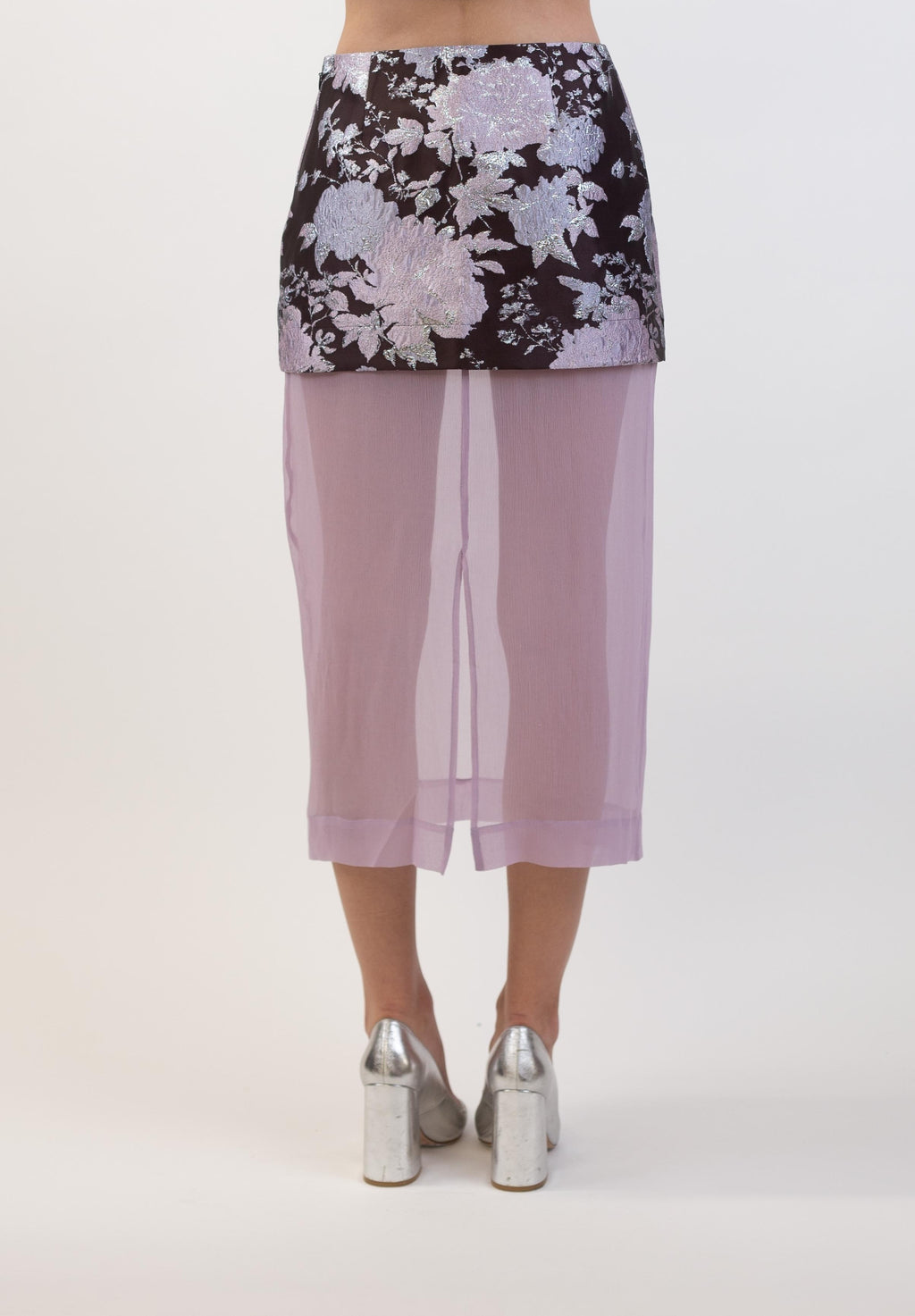 The Brooke skirt in burgundy/pink/silver brocade